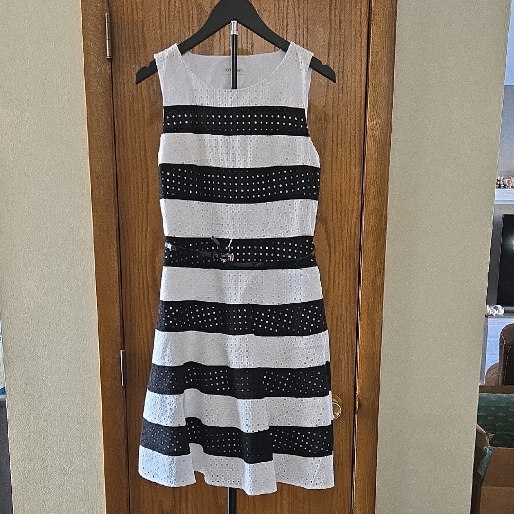 Calvin Klein Black and White Striped Midi Dress